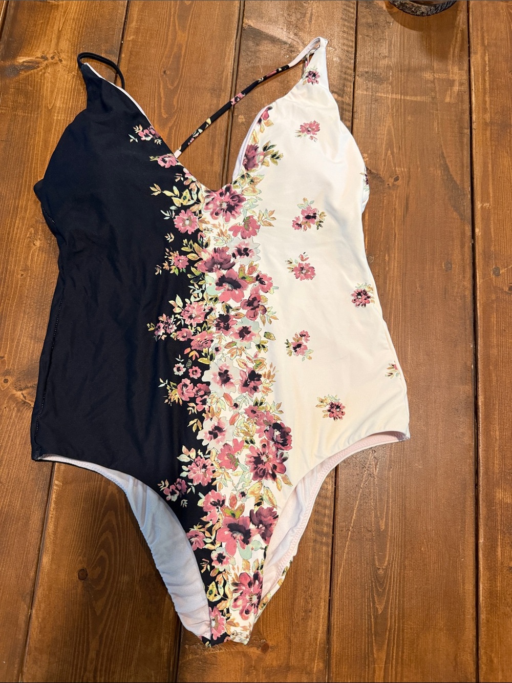 Billabong Split-Color Floral One-Piece Swimsuit - Black & White